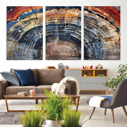 Vibrant tree ring with orange, brown, and blue tones in abstract detail, perfect for rustic or boho-inspired wall decor.