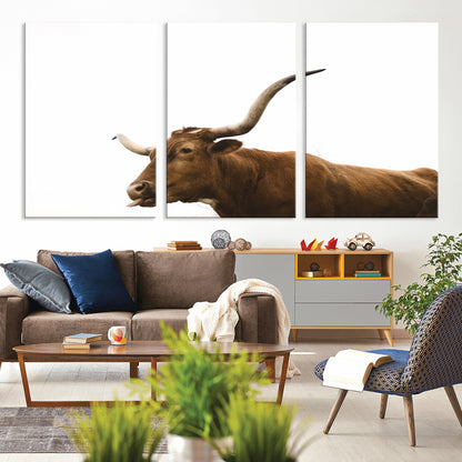 Minimal photo of a longhorn cow with white background, ideal for rustic, western or farmhouse-style interior decor.