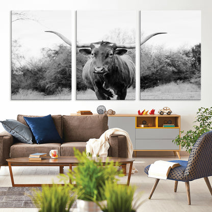Black and white photo of a longhorn cow in a field, perfect for rustic farmhouse or western-themed interior wall decoration.