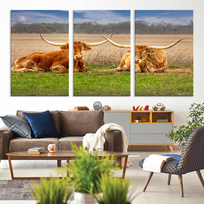 Two longhorn cows lying on green grass in front of a golden field and trees under a blue sky, perfect for rustic country wall decor.