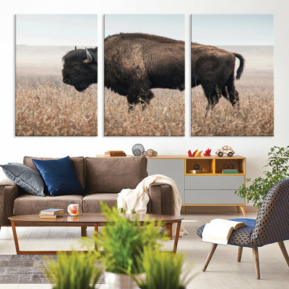 A lone bison stands in a vast prairie under a soft sky, evoking freedom and rustic charm for western or farmhouse inspired interiors.