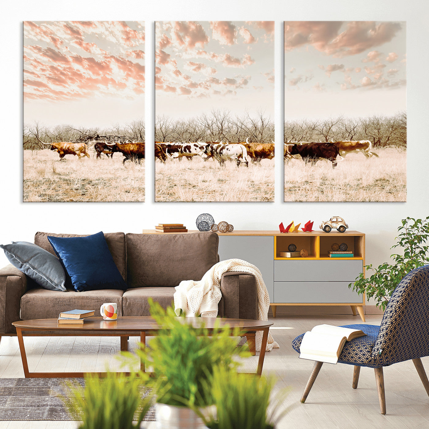 Cattle herd in a soft-toned field under a pastel pink sky, creating a peaceful rustic feel, perfect for farmhouse or western-themed spaces.