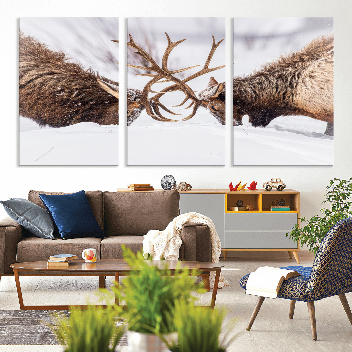 Two elk clashing antlers in a snowy forest, capturing raw power and wild energy, ideal for rustic cabin or lodge-style decor.