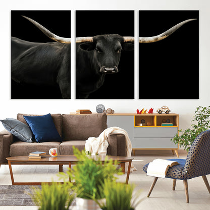 Close-up of a black Texas longhorn with large curved horns on black background, ideal for rustic farmhouse or modern western interiors.