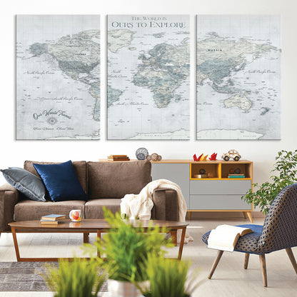 Custom Push Pin World Map Wall Canvas Print – Personalized Travel Tracker with Pins – Framed Custom Quotie Canvas for Home Office Decor