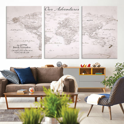 Customize Push Pin World Map Wall Canvas Print – Personalized Travel Map with Foam Pins – Framed Custom Quotie Canvas for Home Office Decor