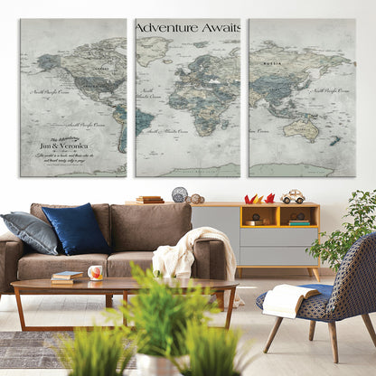 Customize Push Pin World Map Wall Canvas Print – Personalized Travel Tracker with Pins – Framed Custom Quotie Canvas for Home Office Decor