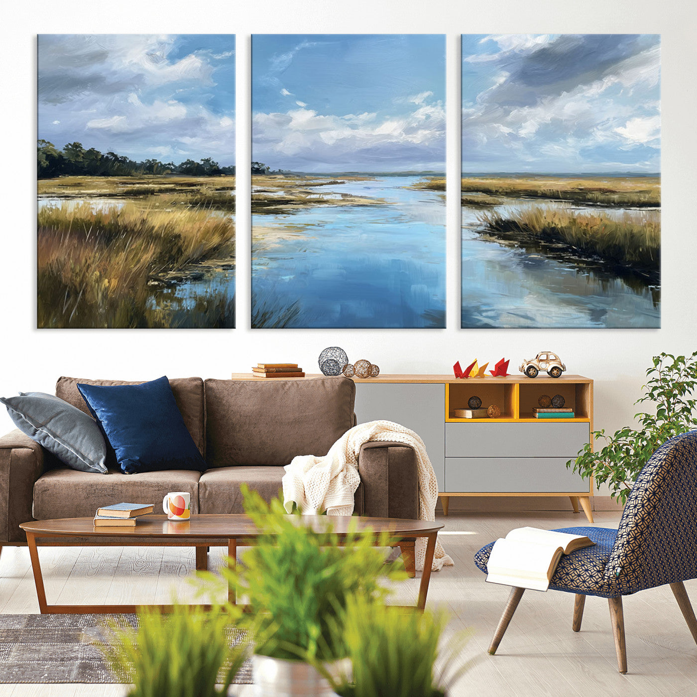 A beautiful, painterly landscape of a calm river winding through a marsh, with vibrant green grasses and a bright blue sky filled with fluffy clouds.