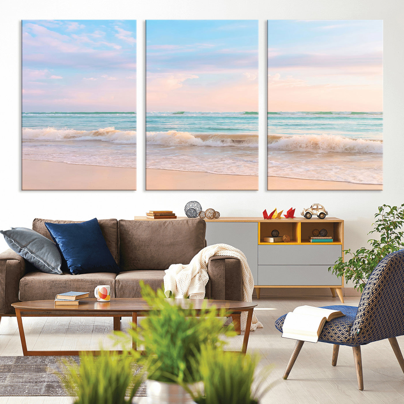 A peaceful beach scene with soft pastel skies, gentle waves washing up on the sandy shore, creating a calm and serene ocean view.