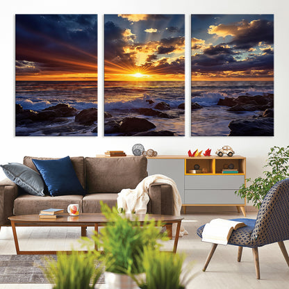 An explosive sunset over the ocean with dramatic clouds and rays of sunlight reflecting off the water, creating a vibrant and captivating view.