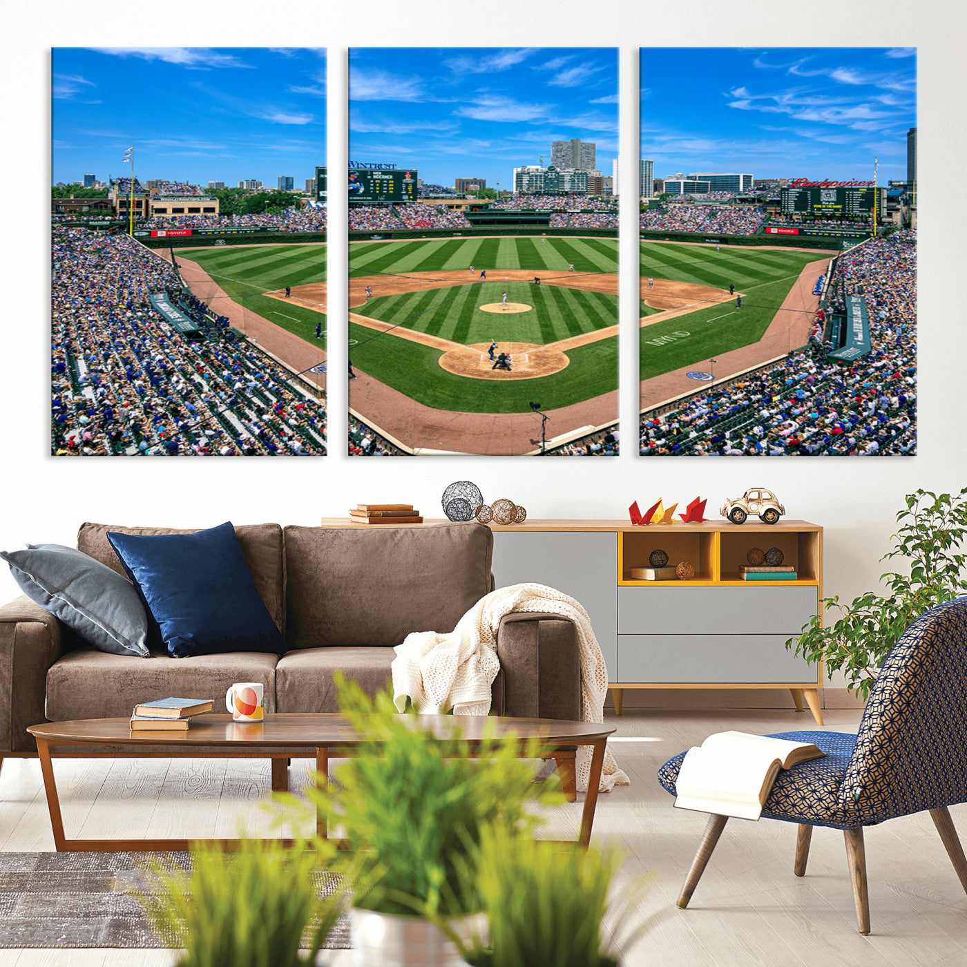 Wrigley Field Baseball Stadium Canvas Wall Art, Packed Crowd Sports Stadium Print, City Skyline Baseball Field Canvas for Game Room Decor