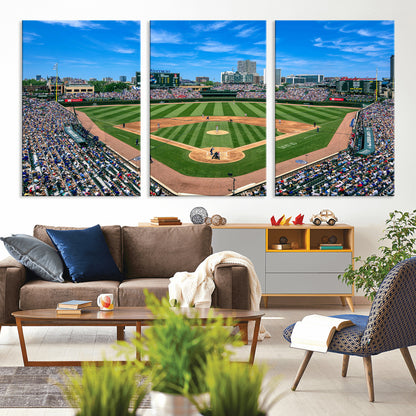 Wrigley Field Baseball Stadium Canvas Wall Art, Packed Crowd Sports Stadium Print, City Skyline Baseball Field Canvas for Game Room Decor