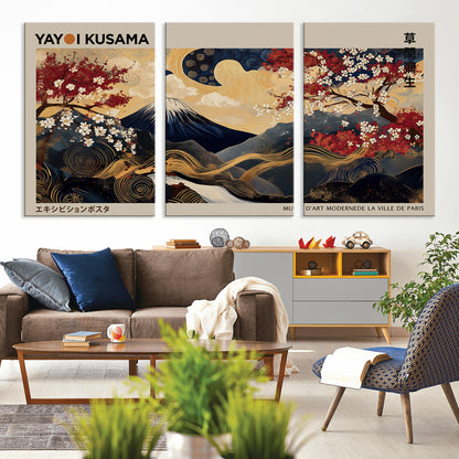 Yayoi Kusama's artwork featuring Mount Fuji, blooming cherry trees, and intricate swirls, blending traditional Japanese elements with vibrant color.