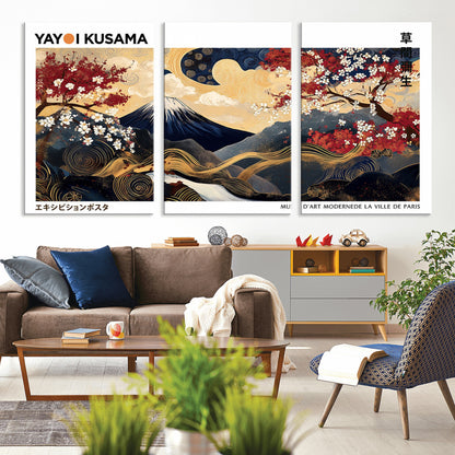An artwork by Yayoi Kusama featuring Mount Fuji, blooming cherry blossoms, and swirling patterns in a harmonious blend of nature and art.