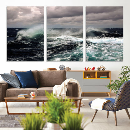 Powerful ocean waves crashing under stormy skies, creating a dynamic and intense seascape.