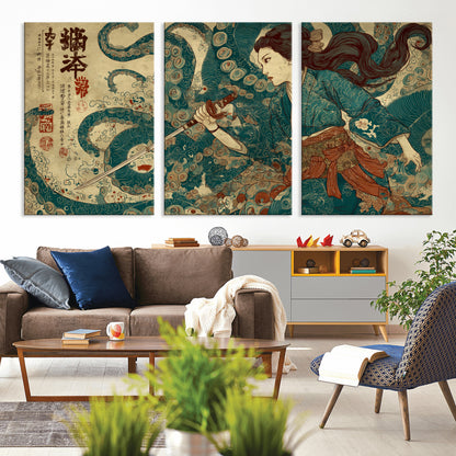 Tsukioka Yoshitoshi Samurai Wall Art Print, Japanese Katana Warrior Canvas Wall Art, Octopus Sea Monster Canvas Print,