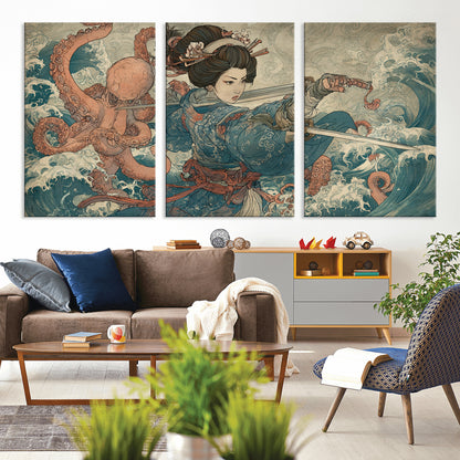 Tsukioka Yoshitoshi Samurai Wall Art Print, Japanese Katana Warrior Canvas Wall Art, Octopus Sea Monster Canvas Print,