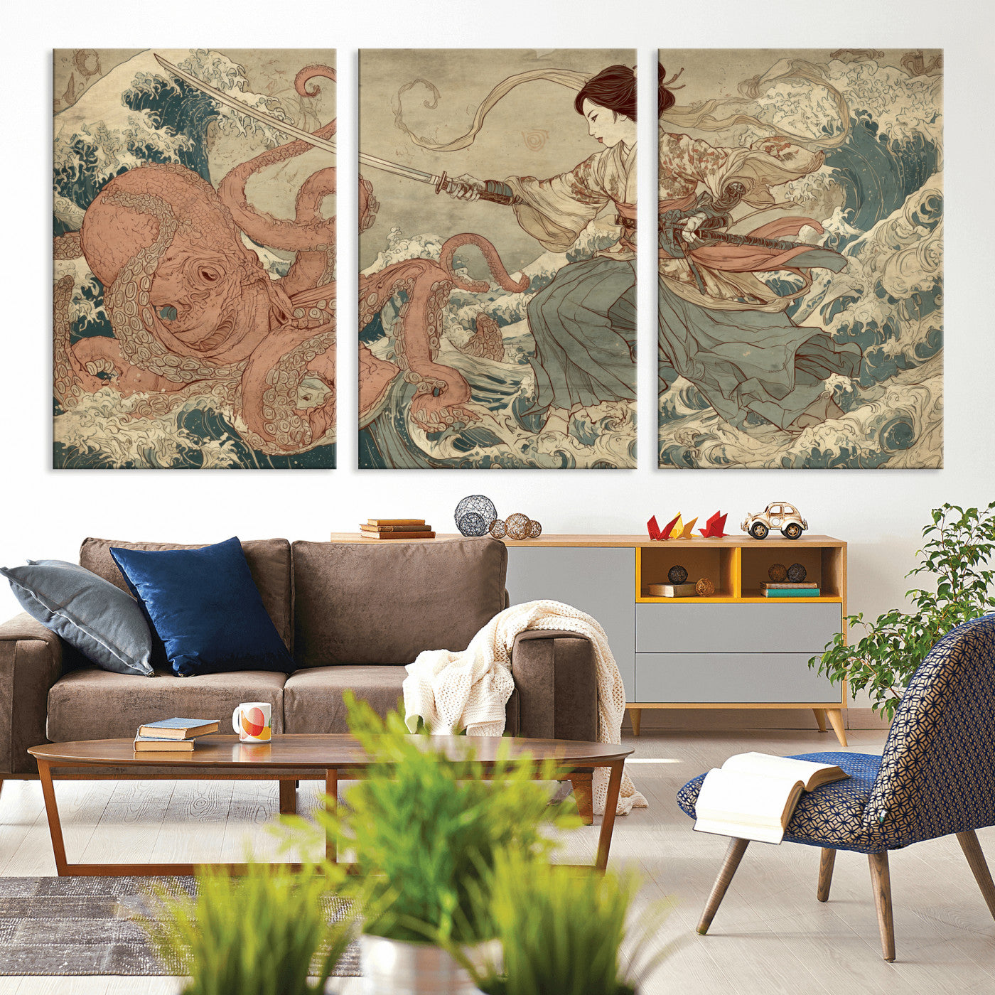 Tsukioka Yoshitoshi Samurai Wall Art Print, Japanese Katana Warrior Canvas Wall Art, Octopus Sea Monster Canvas Print,