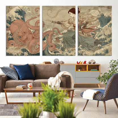 Tsukioka Yoshitoshi Samurai Wall Art Print, Japanese Katana Warrior Canvas Wall Art, Octopus Sea Monster Canvas Print,