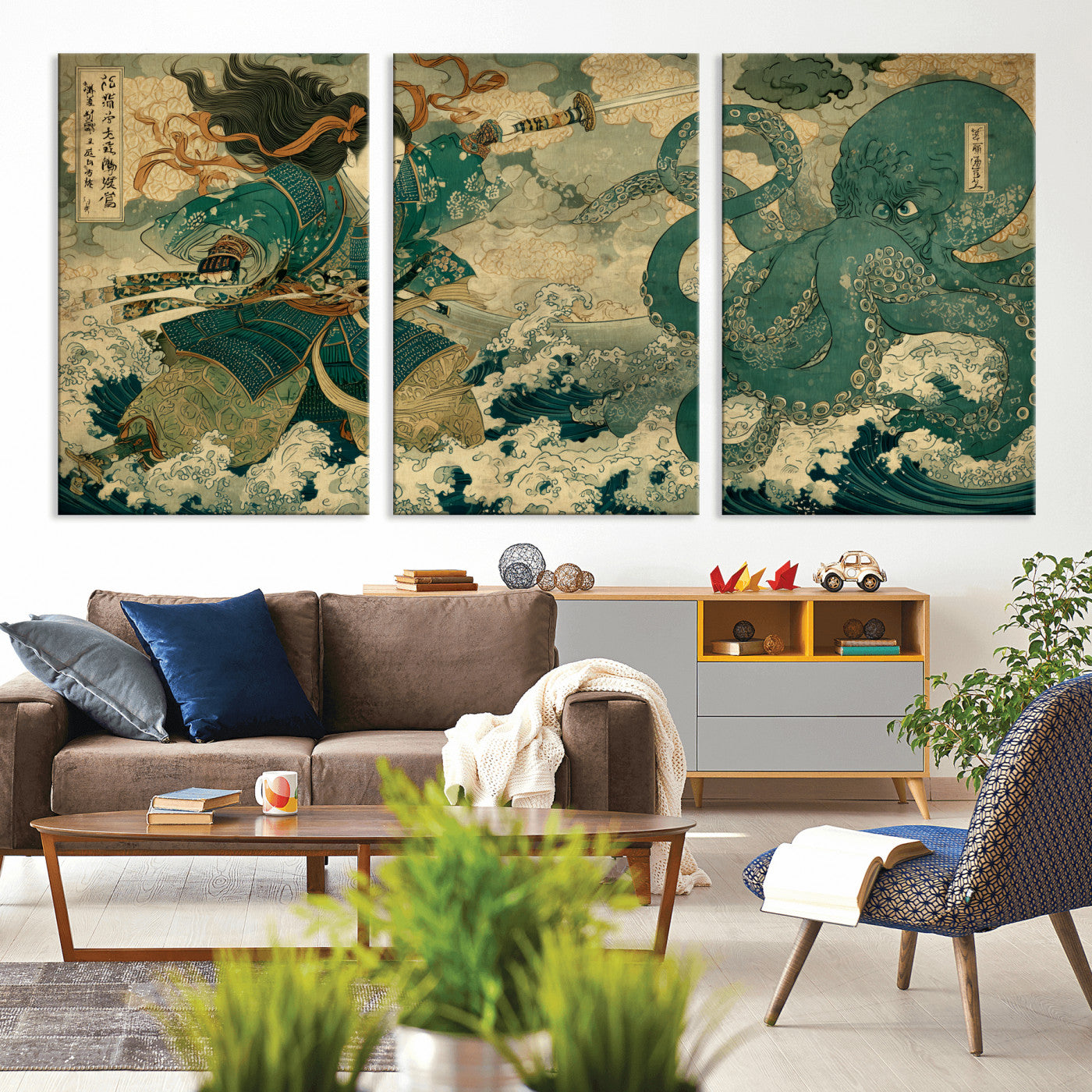 Tsukioka Yoshitoshi Samurai Wall Art Print, Japanese Katana Warrior Canvas Wall Art, Octopus Sea Monster Canvas Print,