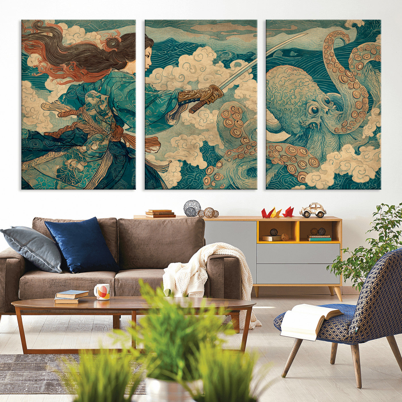 Tsukioka Yoshitoshi Samurai Wall Art Print, Japanese Katana Warrior Canvas Wall Art, Octopus Sea Monster Canvas Print,
