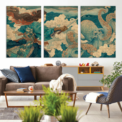 Tsukioka Yoshitoshi Samurai Wall Art Print, Japanese Katana Warrior Canvas Wall Art, Octopus Sea Monster Canvas Print,