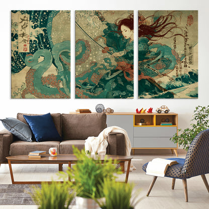 Tsukioka Yoshitoshi Samurai Wall Art Print, Japanese Katana Warrior Canvas Wall Art, Octopus Sea Monster Canvas Print,