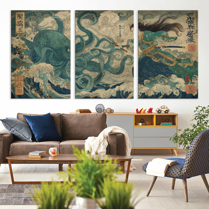 Tsukioka Yoshitoshi Samurai Wall Art Print, Japanese Katana Warrior Canvas Wall Art, Octopus Sea Monster Canvas Print,