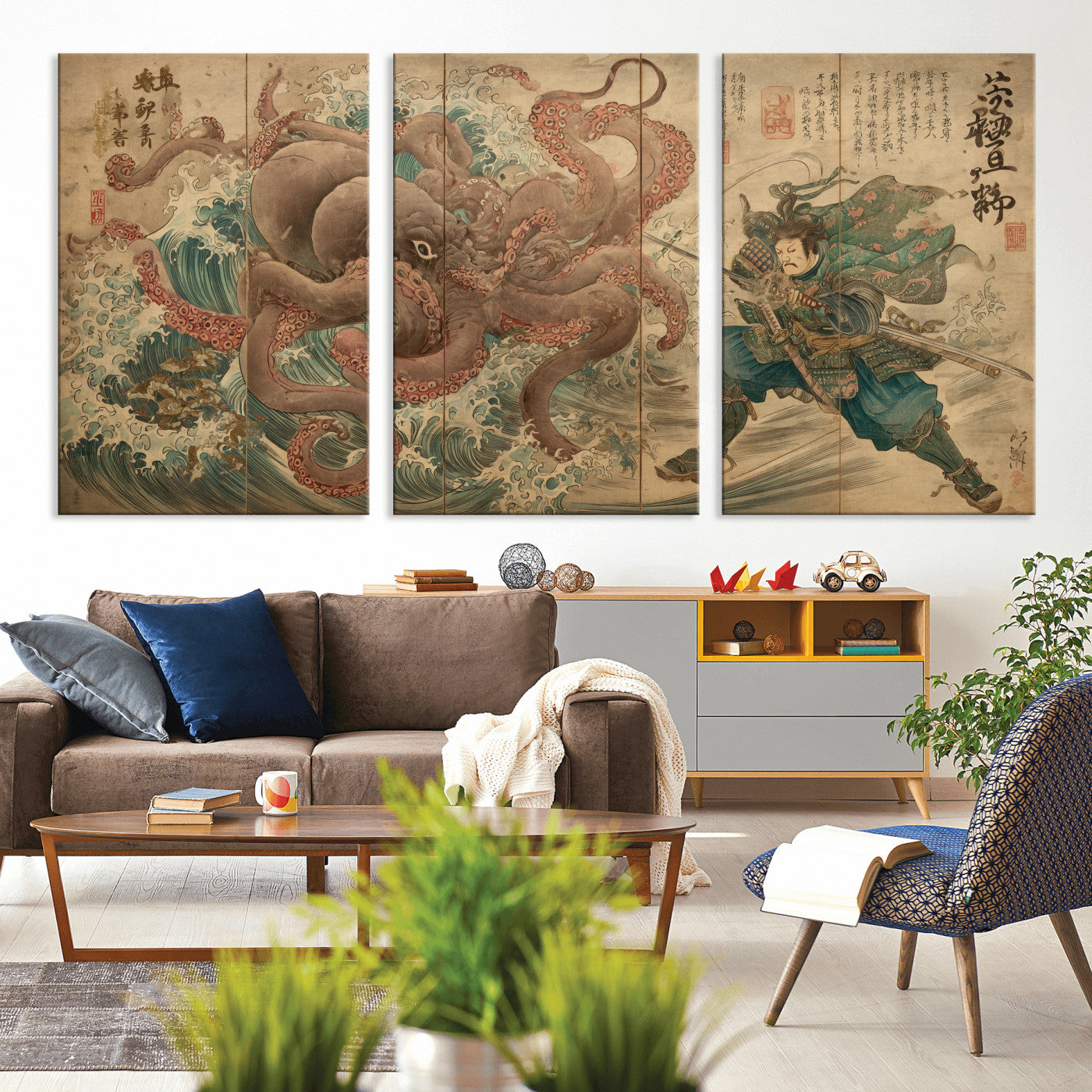 Tsukioka Yoshitoshi Samurai Wall Art Print, Japanese Katana Warrior Canvas Wall Art, Octopus Sea Monster Canvas Print,