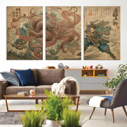 Tsukioka Yoshitoshi Samurai Wall Art Print, Japanese Katana Warrior Canvas Wall Art, Octopus Sea Monster Canvas Print,