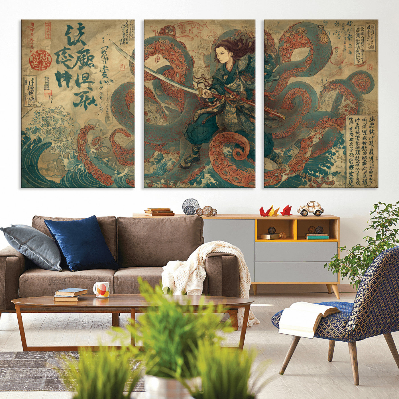 Tsukioka Yoshitoshi Samurai Wall Art Print, Japanese Katana Warrior Canvas Wall Art, Octopus Sea Monster Canvas Print,