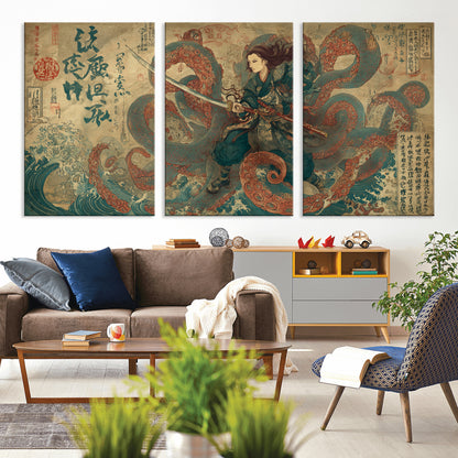 Tsukioka Yoshitoshi Samurai Wall Art Print, Japanese Katana Warrior Canvas Wall Art, Octopus Sea Monster Canvas Print,
