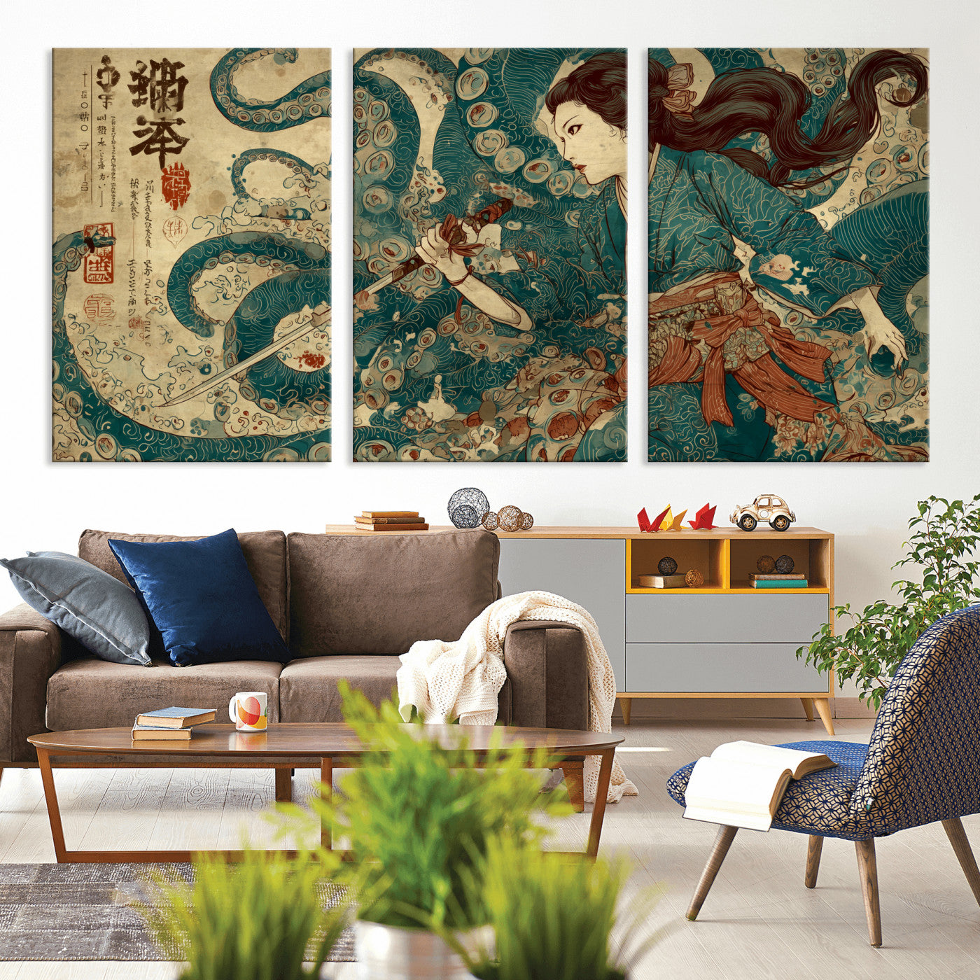 Tsukioka Yoshitoshi Samurai Wall Art Print, Japanese Katana Warrior Canvas Wall Art, Octopus Sea Monster Canvas Print,