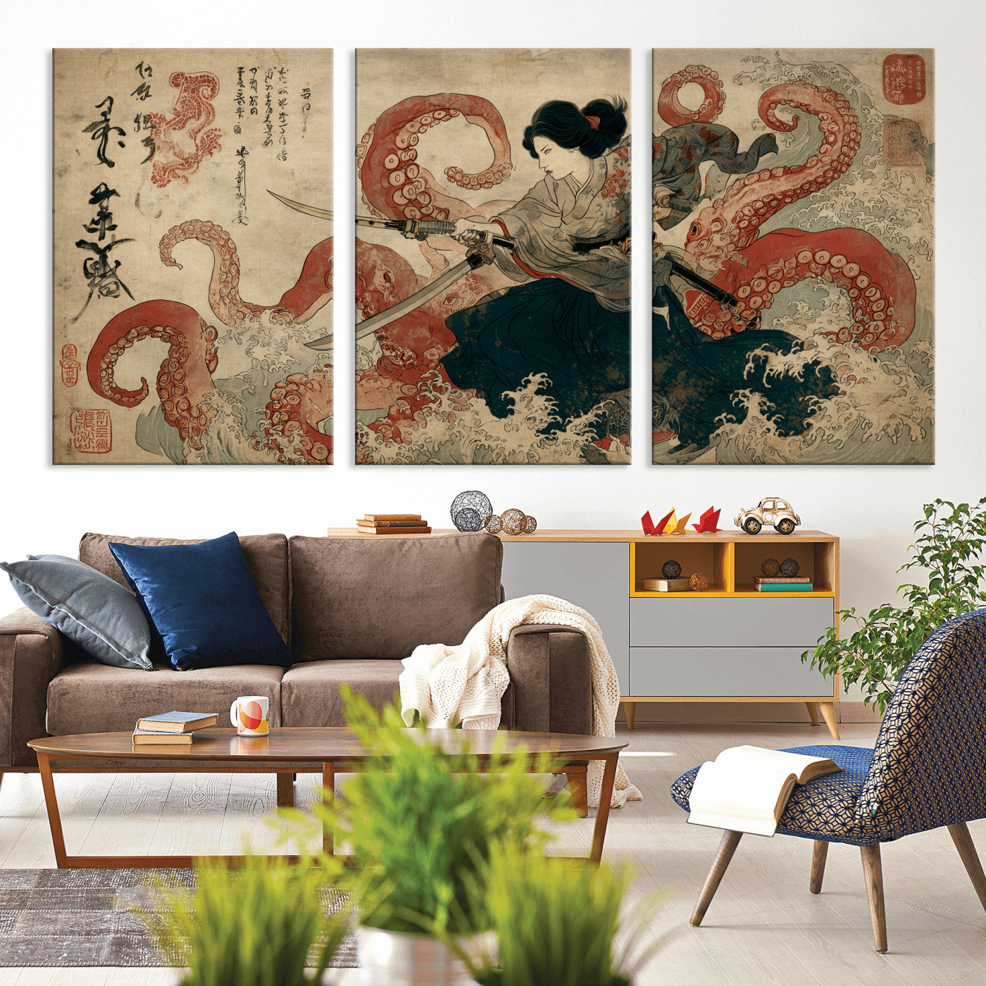 Tsukioka Yoshitoshi Samurai Wall Art Print, Japanese Katana Warrior Canvas Wall Art, Octopus Sea Monster Canvas Print,