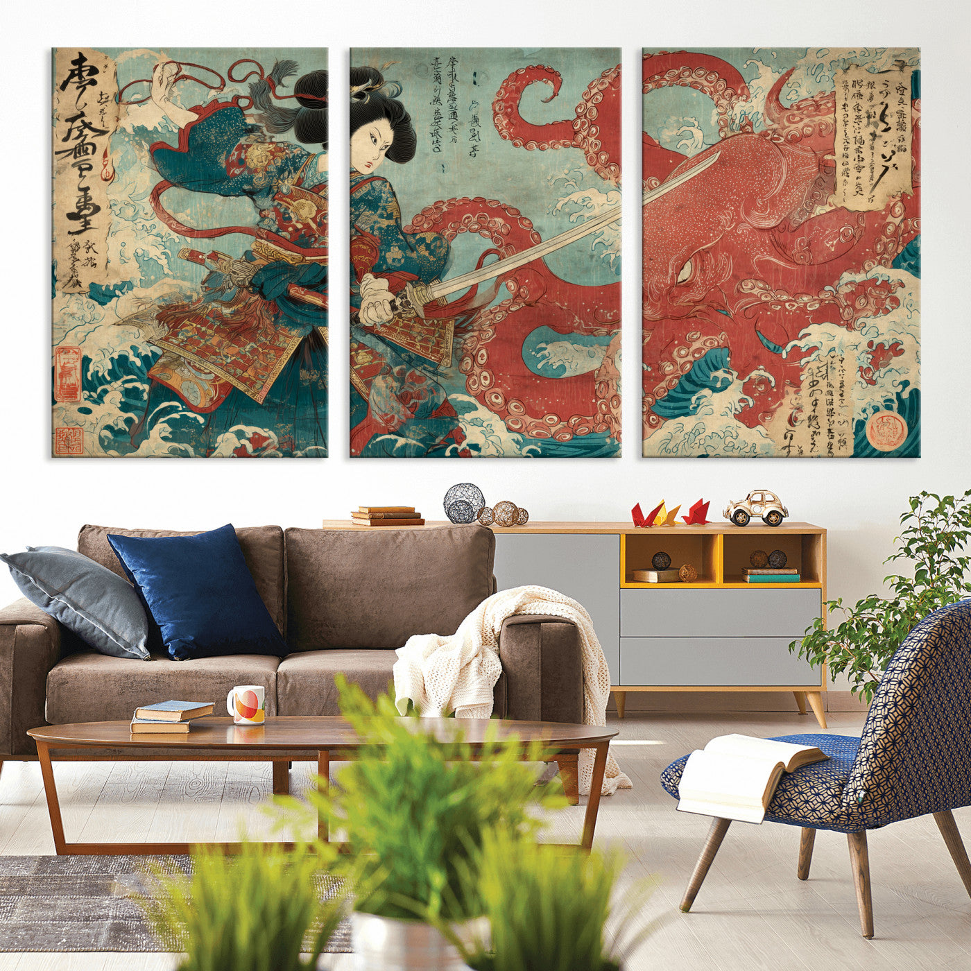 Tsukioka Yoshitoshi Samurai Wall Art Print, Japanese Katana Warrior Canvas Wall Art, Octopus Sea Monster Canvas Print,