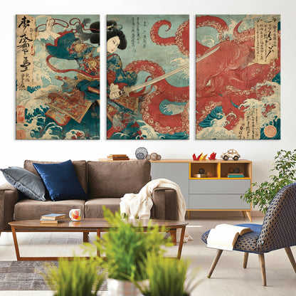 Tsukioka Yoshitoshi Samurai Wall Art Print, Japanese Katana Warrior Canvas Wall Art, Octopus Sea Monster Canvas Print,
