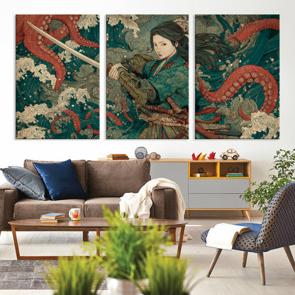 Tsukioka Yoshitoshi Samurai Wall Art Print, Japanese Katana Warrior Canvas Wall Art, Octopus Sea Monster Canvas Print,