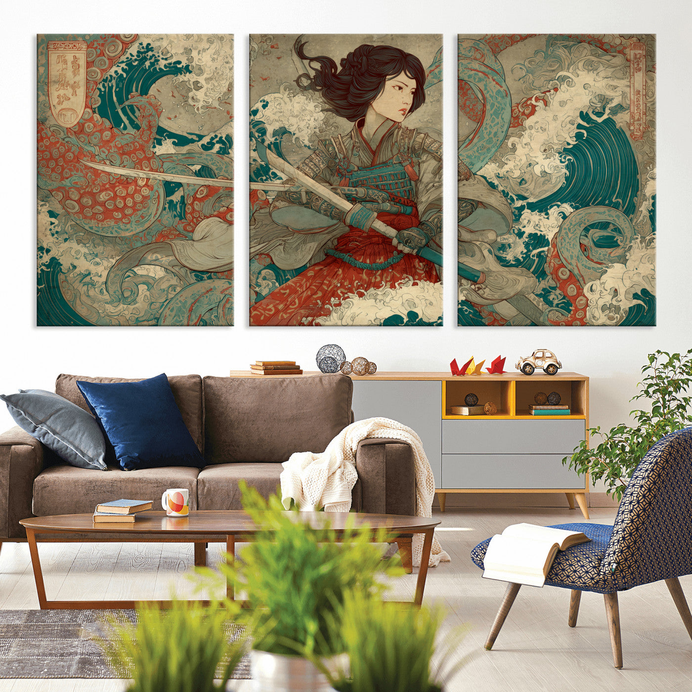 Tsukioka Yoshitoshi Samurai Wall Art Print, Japanese Katana Warrior Canvas Wall Art, Octopus Sea Monster Canvas Print,
