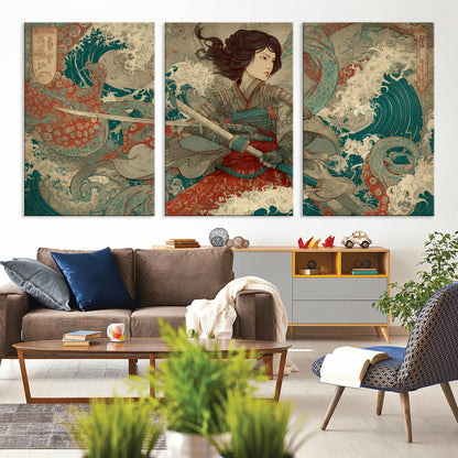 Tsukioka Yoshitoshi Samurai Wall Art Print, Japanese Katana Warrior Canvas Wall Art, Octopus Sea Monster Canvas Print,