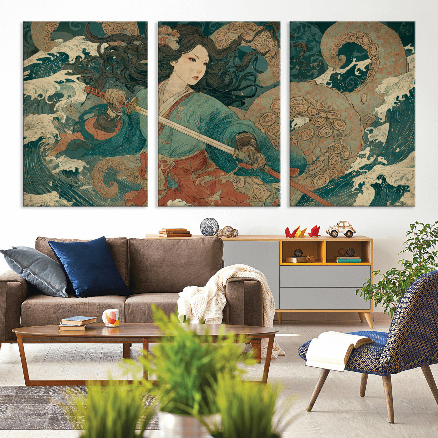 Tsukioka Yoshitoshi Samurai Wall Art Print, Japanese Katana Warrior Canvas Wall Art, Octopus Sea Monster Canvas Print,