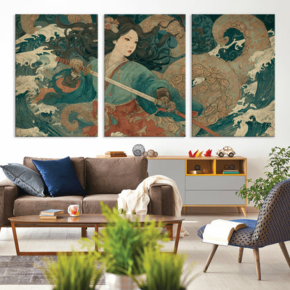 Tsukioka Yoshitoshi Samurai Wall Art Print, Japanese Katana Warrior Canvas Wall Art, Octopus Sea Monster Canvas Print,