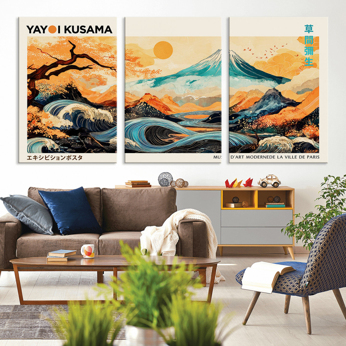 Modern Japanese-style art print featuring a stylized Mount Fuji, flowing waves, and vibrant landscapes in bold colors, inspired by traditional and contemporary aesthetics.