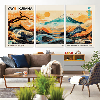 Modern Japanese-style art print featuring a stylized Mount Fuji, flowing waves, and vibrant landscapes in bold colors, inspired by traditional and contemporary aesthetics.