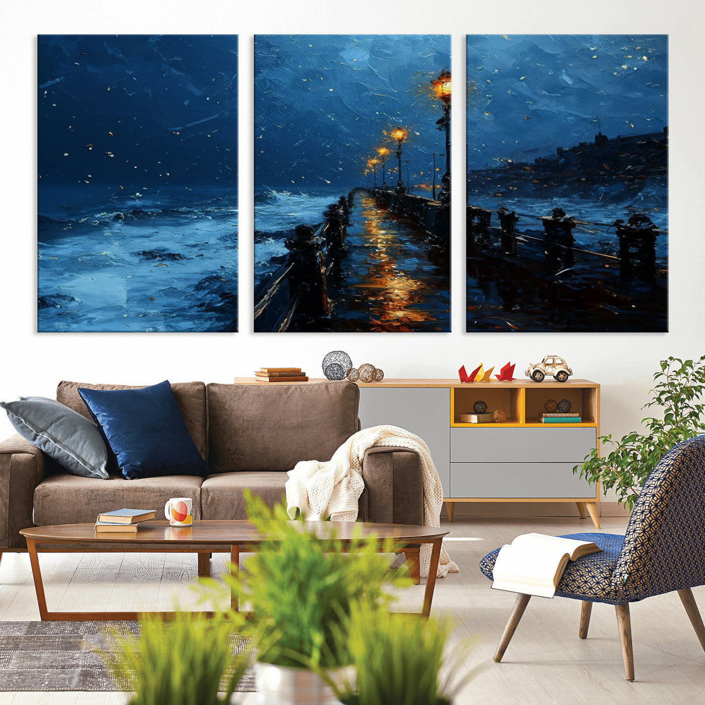 "Impressionistic painting of a rainy pier at night with glowing street lamps reflecting on the wet surface, ocean waves crashing under a dark blue sky."