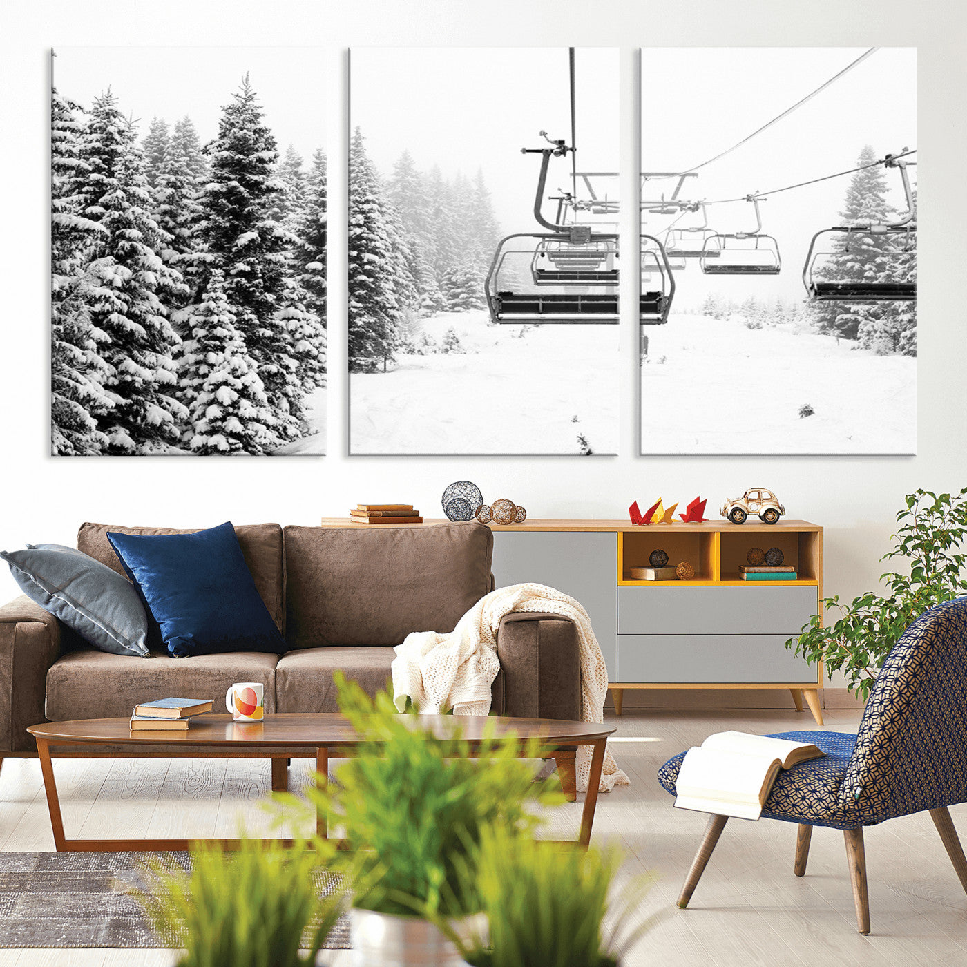Black and white canvas of empty ski lifts over a snowy pine forest, perfect for minimal winter or ski lodge-inspired decor.