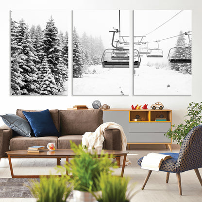 Black and white canvas of empty ski lifts over a snowy pine forest, perfect for minimal winter or ski lodge-inspired decor.