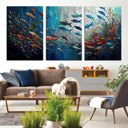 Colorful painting of fish swimming in abstract ocean swirls, perfect for vibrant marine-themed or expressive coastal home decor.