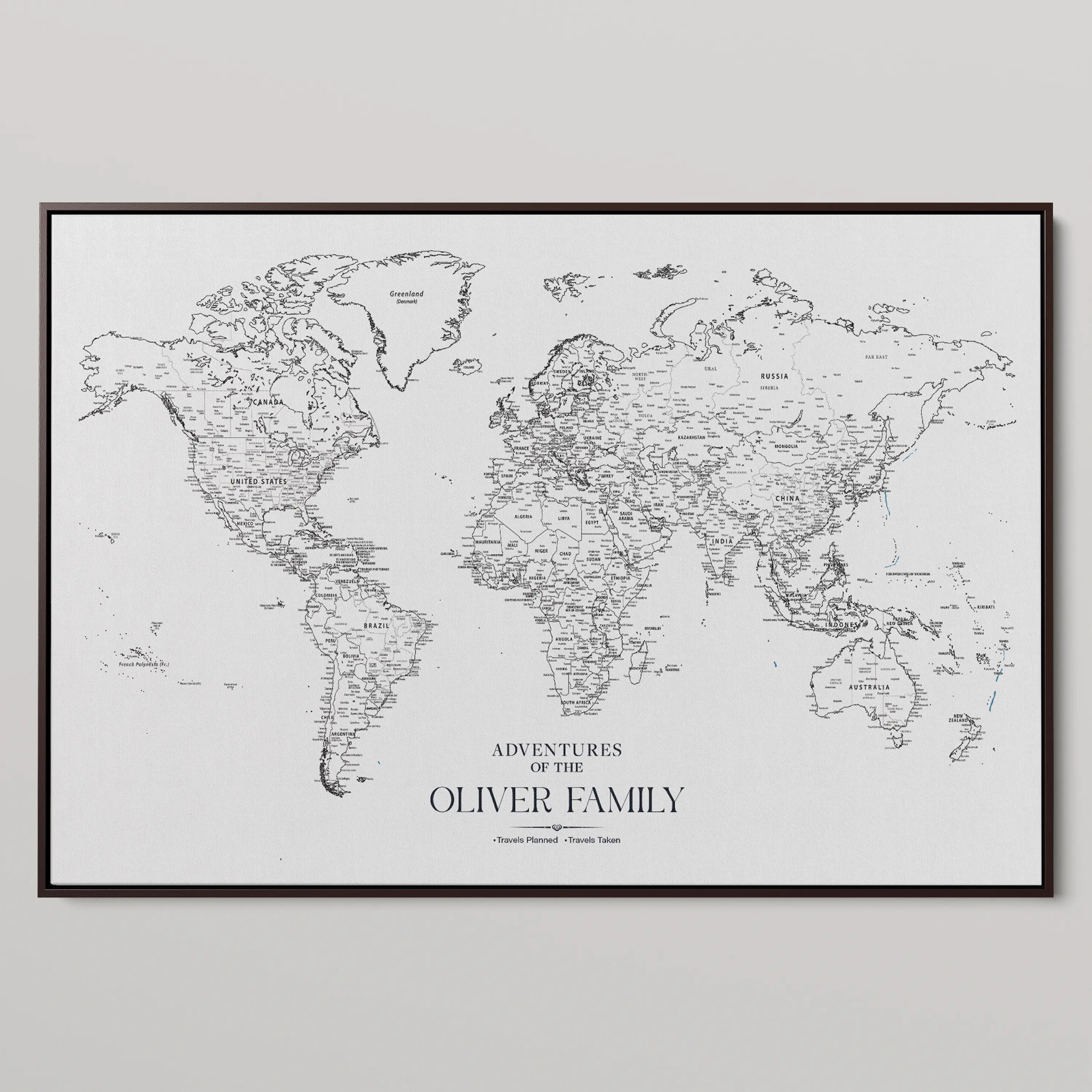 77826024-MGV-CV-36X24-Personalized Travel Map Canvas Print – Custom Framed Push Pin World Art Gift for Couples, Anniversaries, or Explorer-Themed Decor
