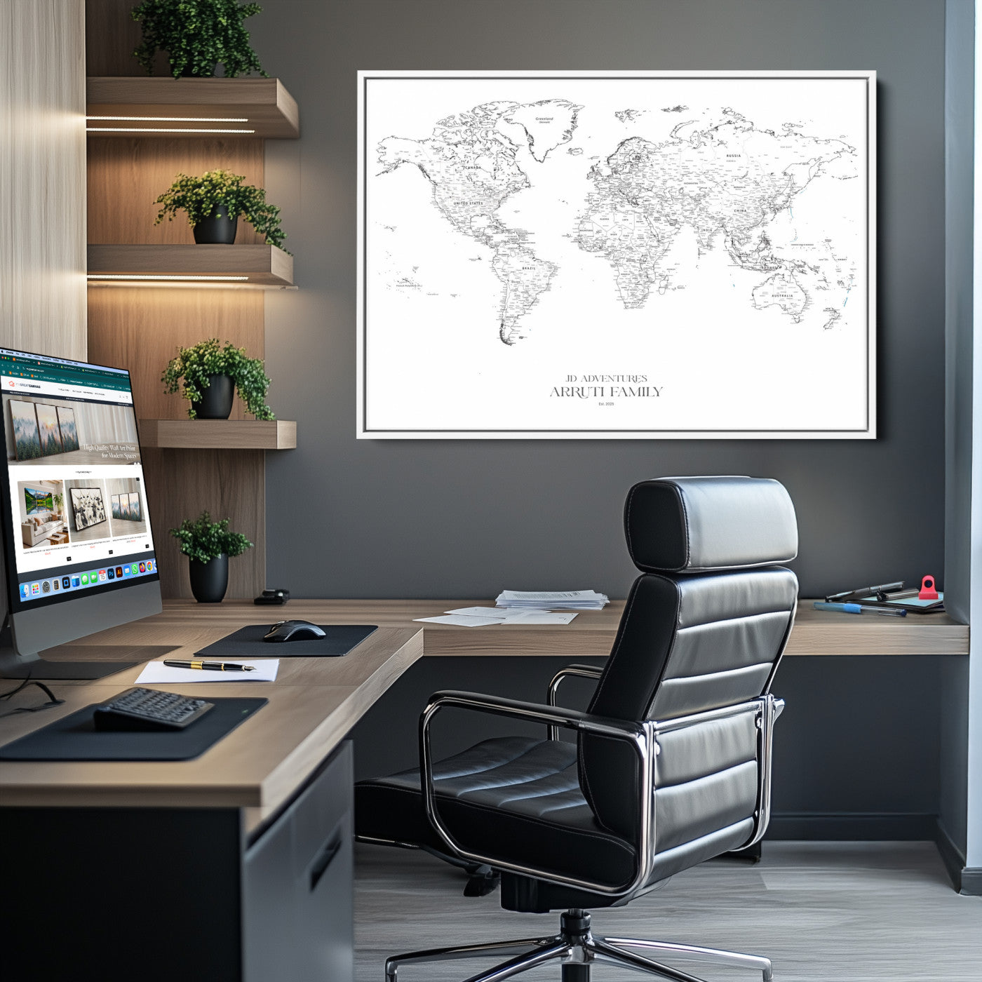 23223-MGV-CV-36X24-Push Pin World Map Canvas Print – Framed Wall Art for Couples to Track Their Travels – Anniversary Gift or Home Adventure Decor