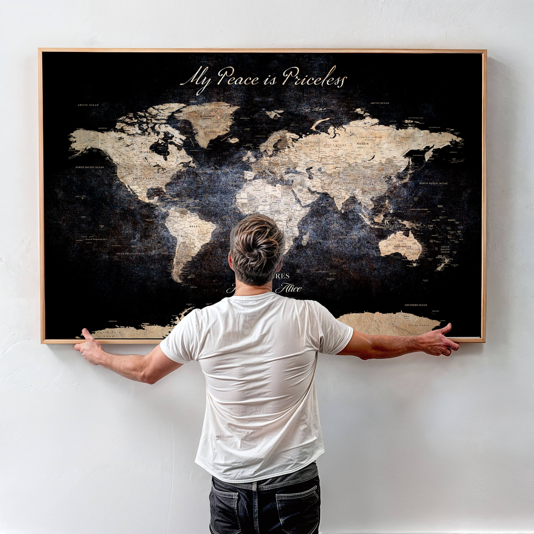 '-Customize Push Pin World Map Wall Canvas Print, Personalized Travel Tracker with Pins, Framed Large Canvas for Home Office Decor - H37